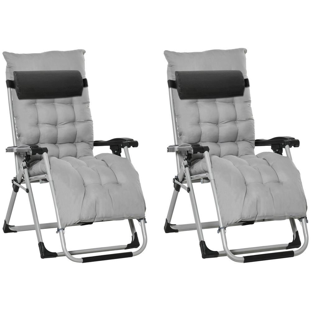 Outsunny 2pc Reclining Zero Gravity Sun Loungers ,Folding Chaise Lounge Chair with Cushions, Light Grey