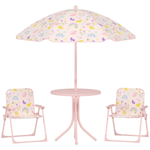AIYAPLAY 4-Piece Kids Garden Table and Chair Set with Adjustable Parasol, Folding Chairs, Table, Rainbow Pattern, Pink