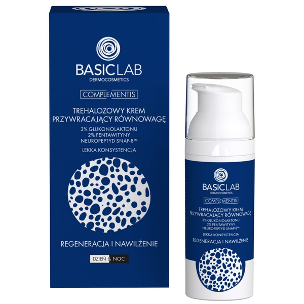 BasicLab Trehalozowy Lekki Krem Przywracający Równowagę  3% Glukonolakton i 2% Pentawityna dla Regeneracji i Nawilżenia - 50 ml
