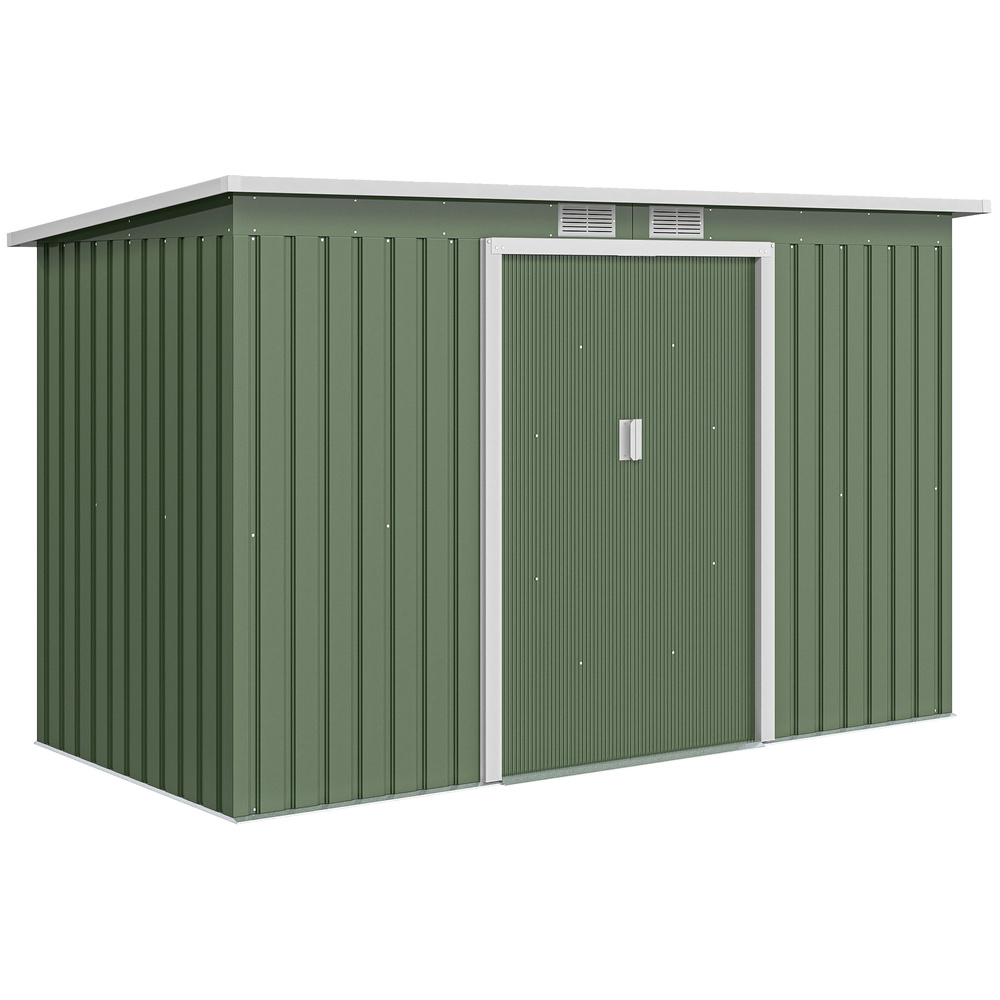 Outsunny 9ft x 4ft Metal Garden Shed, Outdoor Tool House with Foundation Kit, Ventilations and Double Doors, Light Green