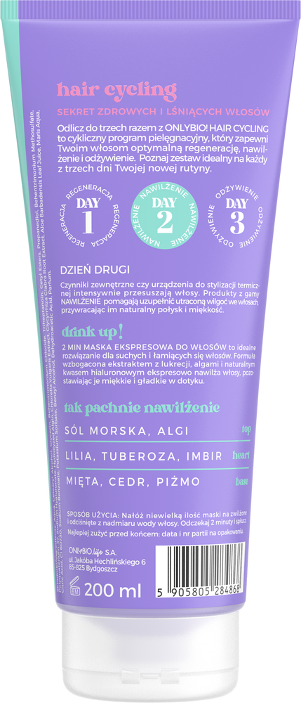 OnlyBio Hair Cycling Nawilżenie 2 Minutowa Maska Ekspresowa do Włosów 200ml