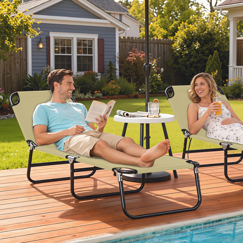 Outsunny Foldable Sun Lounger with 5-Position Adjustable Backrest, Outdoor Portable Recliner Chaise Lounge Chair with Breathable Mesh Fabric, Beige