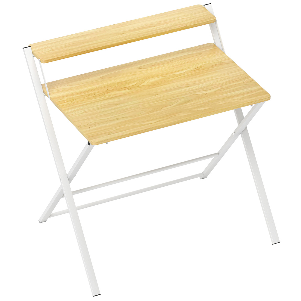 HOMCOM Compact Folding Desk for Small Spaces, Foldable Computer Desk with Storage Shelf for Home Office, 2-Tier Study Writing Table, 86 x 66 x 82 cm, Maple Wood-effect