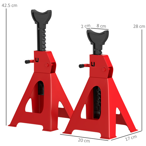HOMCOM Axle Stands 2 Ton Car Jack Stands Pack of 2, 28-42.5 cm Height Adjustable Support Jack Stand, Heavy Duty Car Lift Tool for Vehicles, Caravans, Workshops, Garages, Red