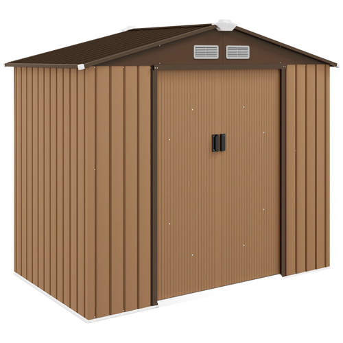 Outsunny 7 x 4ft Lockable Metal Garden Tool Storage Shed, Outdoor Storage Shed with Foundation and vents, Light Brown