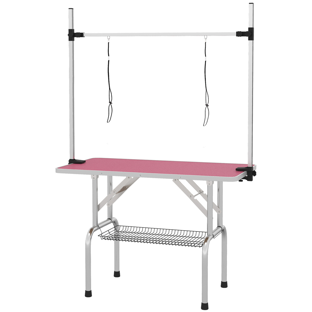 PawHut 42" Dog Grooming Table, Adjustable Pet Cat Drying Beauty Table with 2 Loops Storage Basket, Rubber Top, Pink