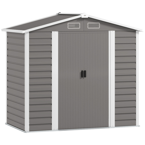 Outsunny 7 x 4ft Garden Shed, Easy to Assemble, Upgraded Galvanised Steel Frame with Foundation Kit, Double Doors with Lock, Outdoor Metal Shed with Vents and Gloves, Garden Storage Shed, Light Grey