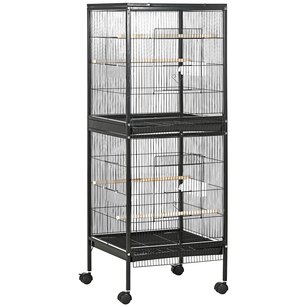 PawHut Bird Cage Budgie Cage 2 In 1 Large Aviary with Wheels Removable Trays for Finch Canaries Cockatiels Black