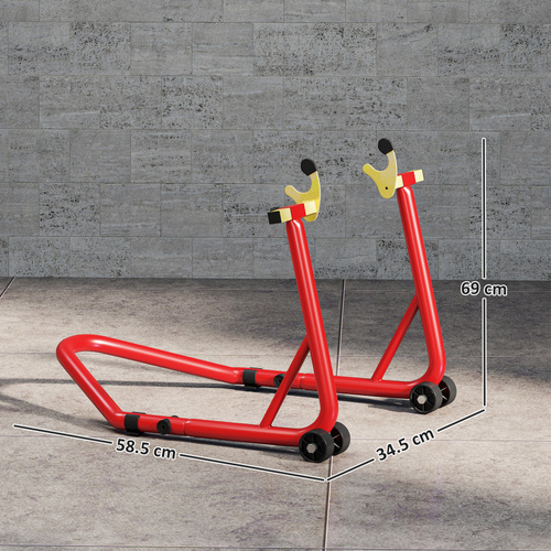 HOMCOM Motorcycle Rear Wheel Stand, 544 kg Capacity Heavy Duty Steel Motorbike Motorcycle Paddock Stand Lift with Adjustable U + L Forks, Wheels, Non-Slip Pads for Workshop Garage Repair, Red