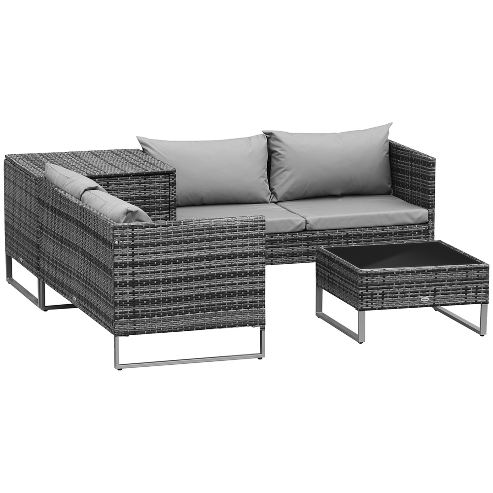 Outsunny 4pc Garden Rattan Wicker Outdoor Furniture Patio Corner Sofa Love Seat and Table Set  with Cushions Side Desk Storage, Mixed Grey