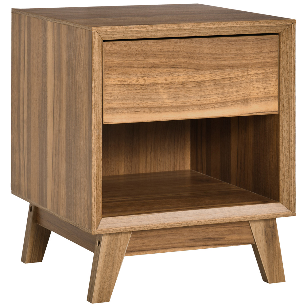 HOMCOM Modern Bedside Table Nightstand, Living Room End Table, Side Table with Drawer and Shelf, Walnut Brown