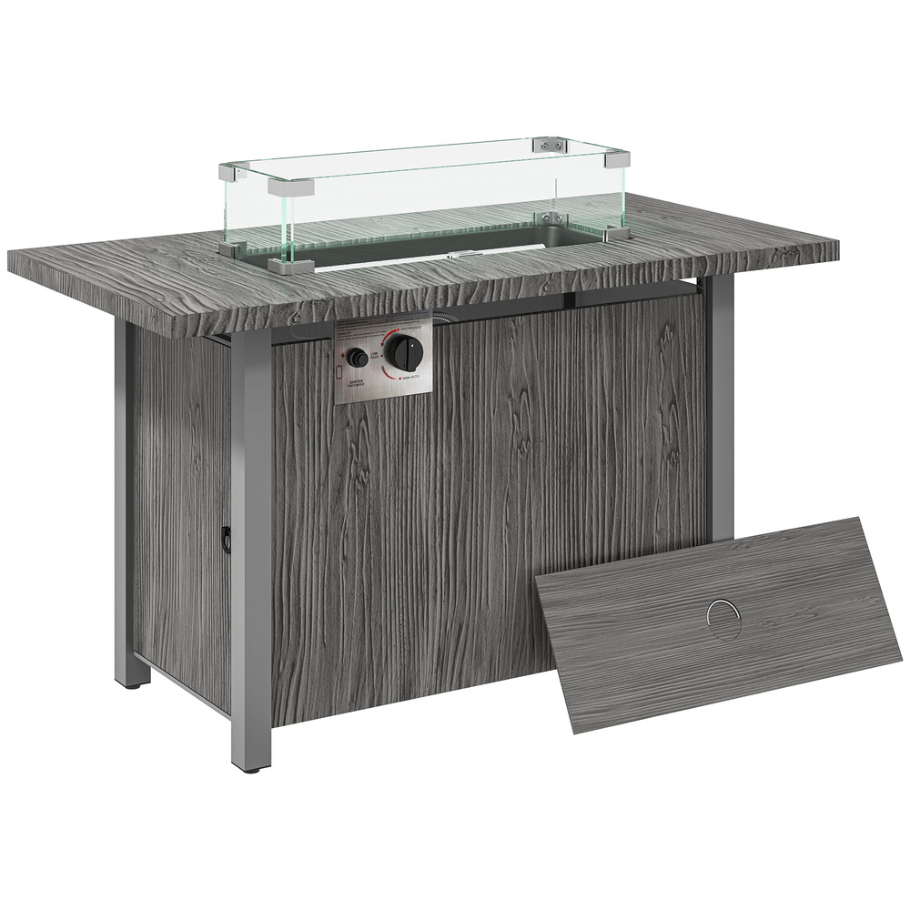 Outsunny 50,000 BTU Gas Fire Pit Table with Cover and Glass Screen - Dark Grey