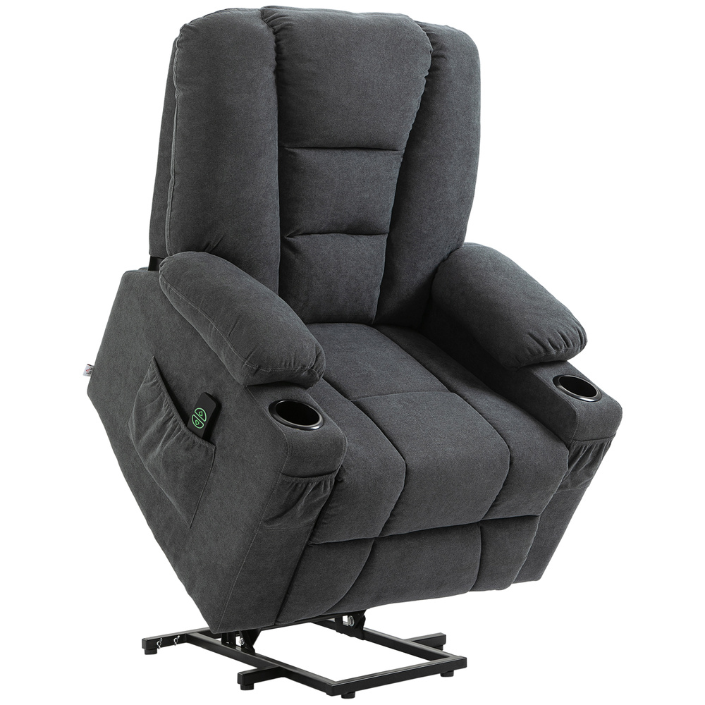 HOMCOM Electric Riser Recliner Armchair， Oversized Chair with Cup Holder & Side Pockets for Elderly in Living Room, Charcoal Grey