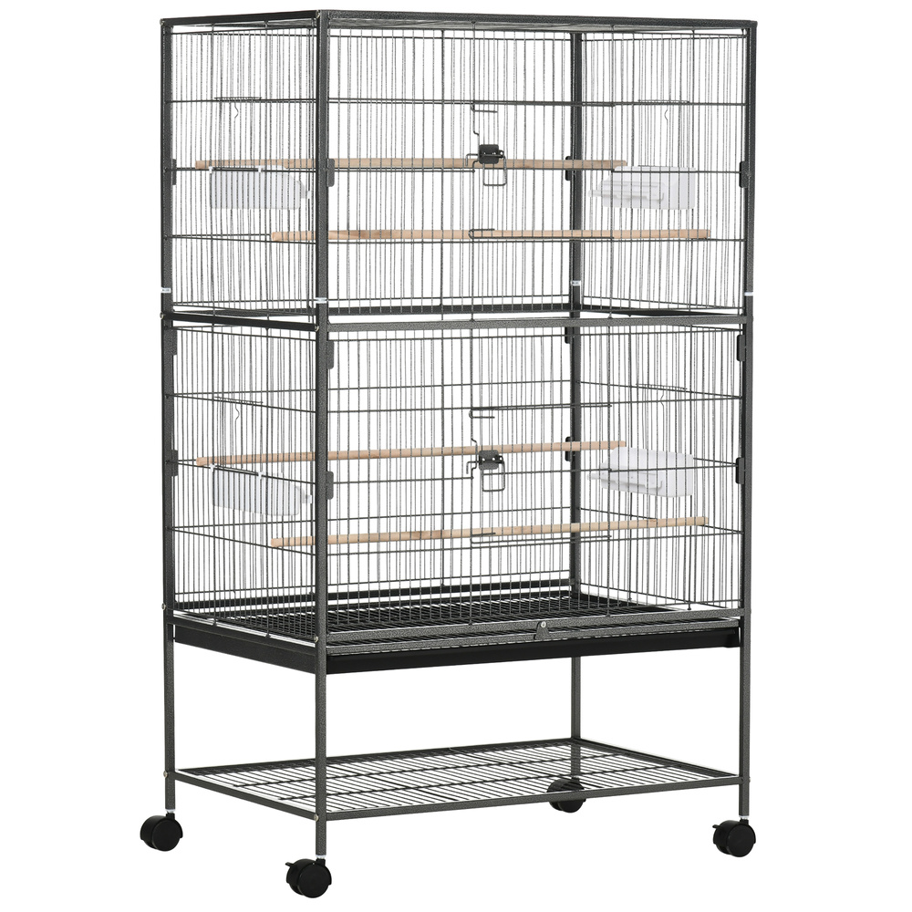 PawHut Large Bird Cage Budgie Cage for Finch Canaries Parakeet with Rolling Stand, Slide-out Tray, Storage Shelf, Food Containers, Dark Grey