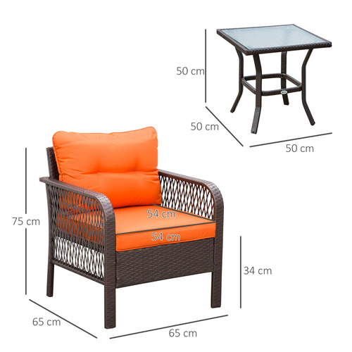Outsunny 3 Pieces Rattan Bistro Set with Glass Top Coffee Table, Chairs and Cushions for Outdoor, Patio, Balcony, Orange