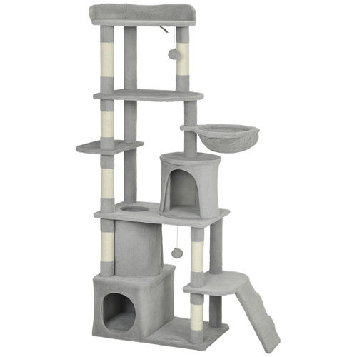 PawHut 170 cm Large Cat Tree, Cat Tower with 7 Scratching Posts, 2 Condos, Hammock,  Light Grey