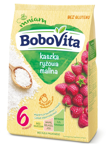 BoboVita Bezglutenowa Kaszka Ryżowa o Smaku Maliny po 6 Miesiącu 180g