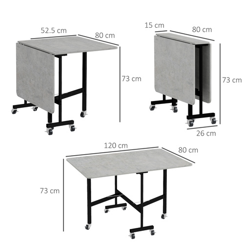 HOMCOM Mobile Drop Leaf Table, Folding Dining Table with 6 Wheels & Brakes, Kitchen Table for Small Spaces, Grey Marble Effect