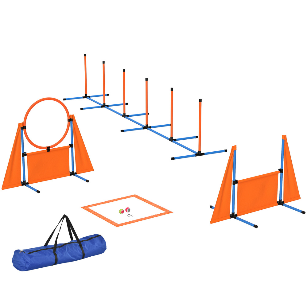PawHut 6-Piece Dog Agility Equipment Set with Weave Poles, Jump Ring, Hurdle, Pause Box, Bag, Orange