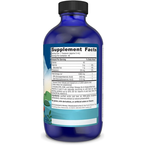 Nordic Naturals Arctic Cod Liver Oil Olej z Wątroby Dorsza Arktycznego Zdrowie Układu Odpornościowego Serca i Mózgu Smak Naturalny 237ml