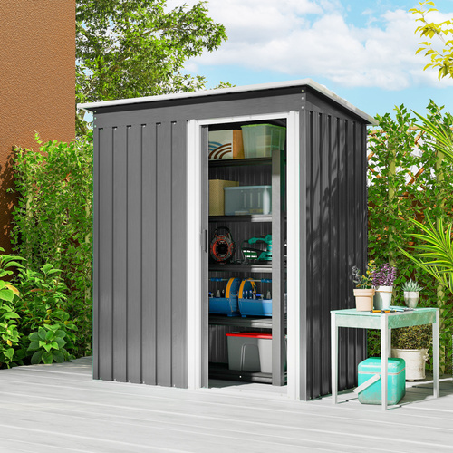 Outsunny 5 x 3ft Garden Storage Shed with Sliding Door and Sloped Roof Outdoor Equipment Tool, Light Grey