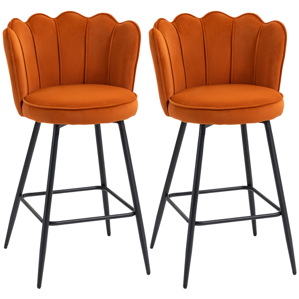 HOMCOM Set of Two Velvet-Feel Lotus Bar Stools - Orange
