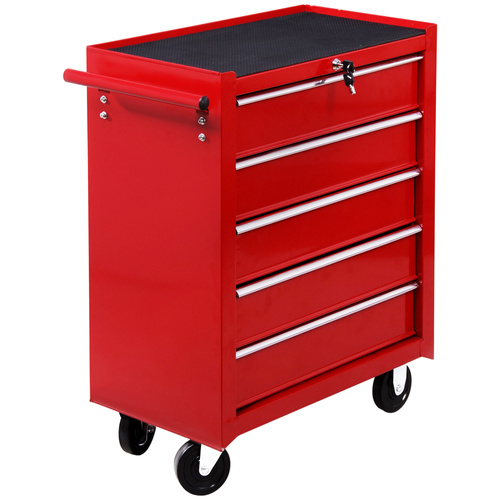 HOMCOM 5 Drawer Tool Box on Wheels, Lockable Steel Tool Cabinet with Side Handle, Red