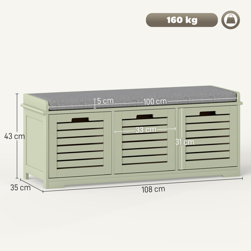 HOMCOM 3-Drawer Shoe Storage Bench - Green