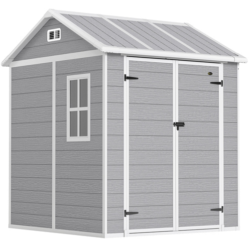 Outsunny 6 x 6ft Garden Shed with Floor, Window, Lockable Doors and Vents, Wood Effect Resin Tool Shed for Outdoor Patio, Grey