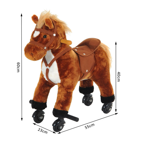 HOMCOM Rocking Horse Kids Ride on Walking Horse Animal Pony Wheeled Riding Plush Toy w/Sound for 2 Years and Up (Brown)
