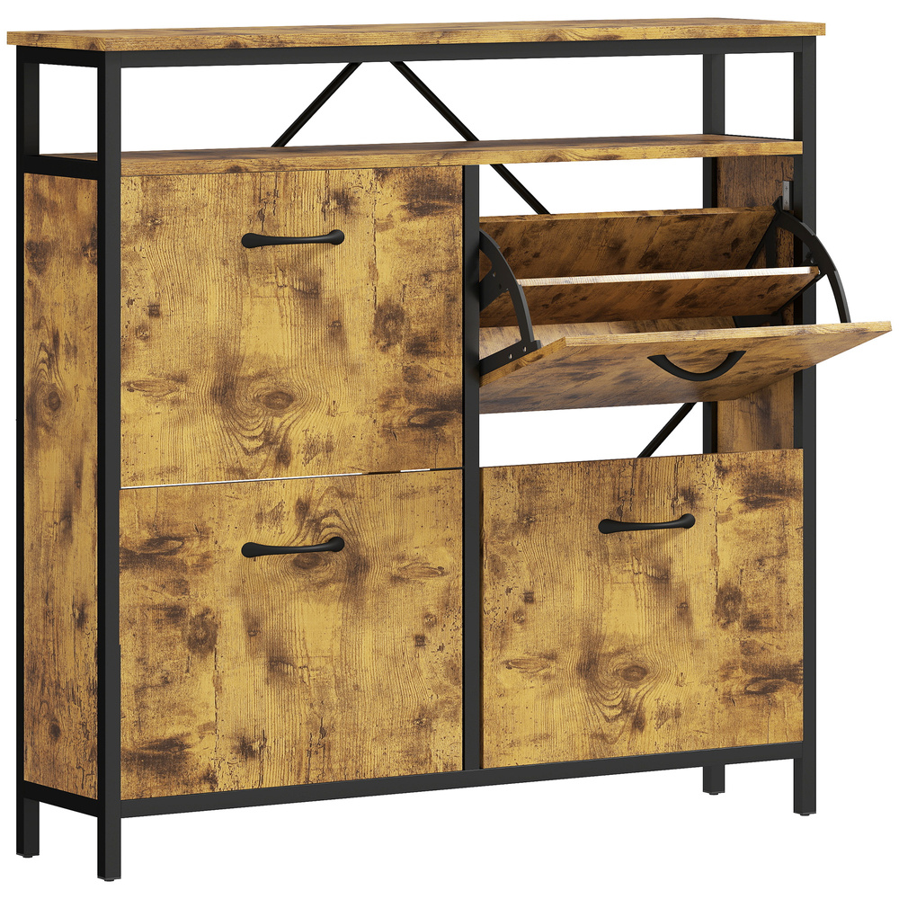 HOMCOM Shoe Storage Cabinet with 4 Flip Drawers and Open Shelf - Rustic Brown
