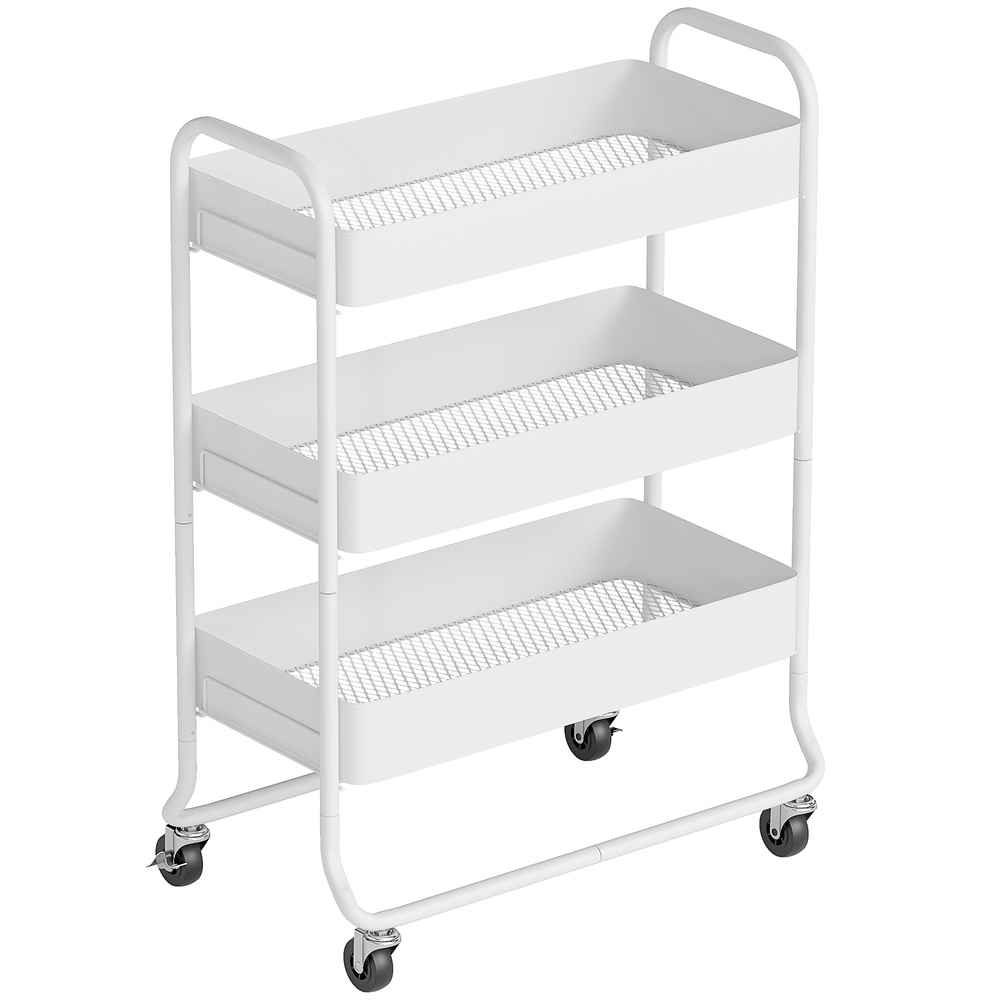 HOMCOM 3-Tier Storage Trolley on Wheels, Rolling Utility Cart with Mesh Backets for Kitchen, Bathroom, Bedroom, White