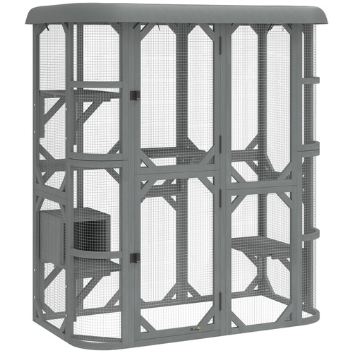 PawHut Catio Outdoor Cat Enclosure,  Wooden Cat House with Platforms, Condo and Waterproof Cover for 2–3 Kittens, Grey