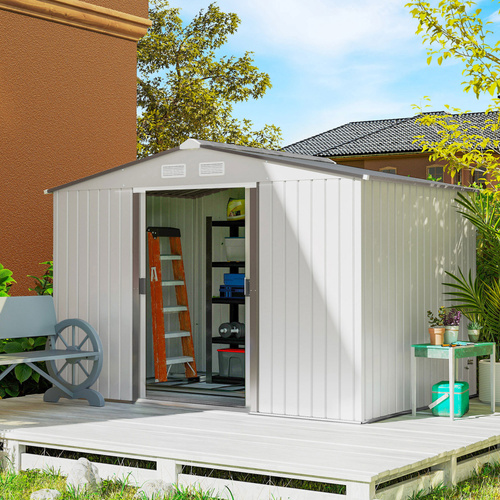 Outsunny Metal Bike Shed, Mobility Scooter Shed House with Foundation Kit, Ventilation, Doors, 9 x 6FT, Silver