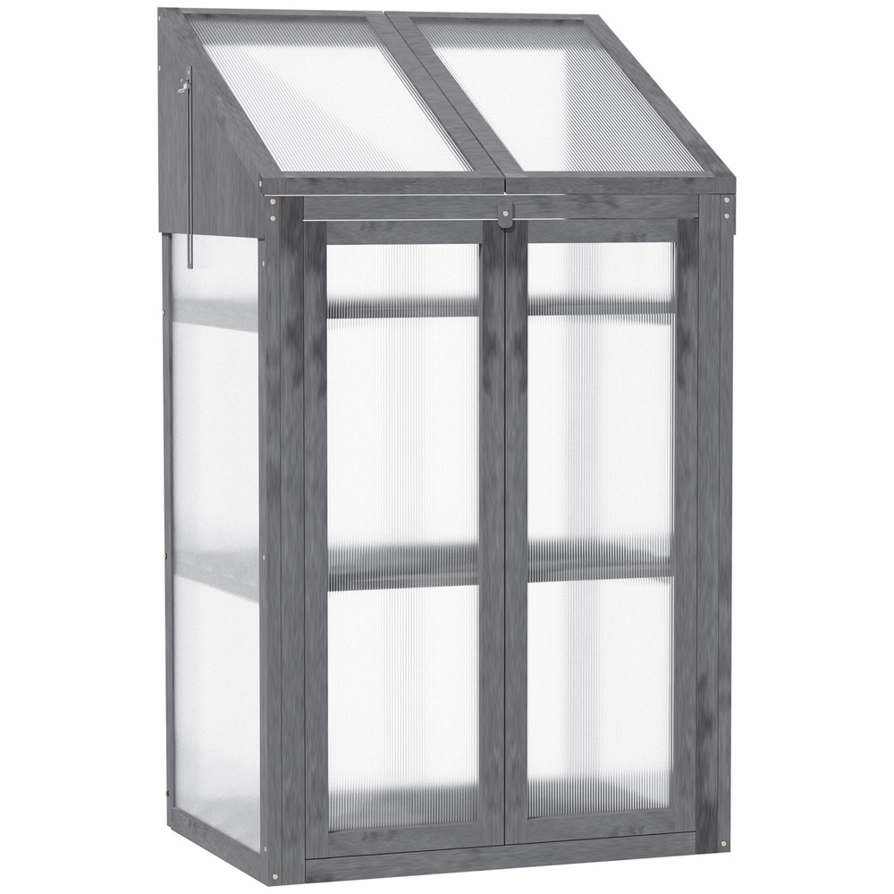 Outsunny Wooden Cold Frame Polycarbonate Greenhouse with Openable Top Cover and Double Door, Grow House for Flower, Vegetable and Plants, 70 x 50 x 120cm, Grey