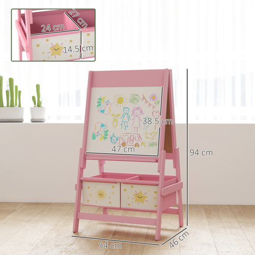 AIYAPLAY Art Easel for Kids, Double-Sided Whiteboard/Blackboard with Paper Roll, Two Storage Boxes, for Ages 3-8 Years, Pink