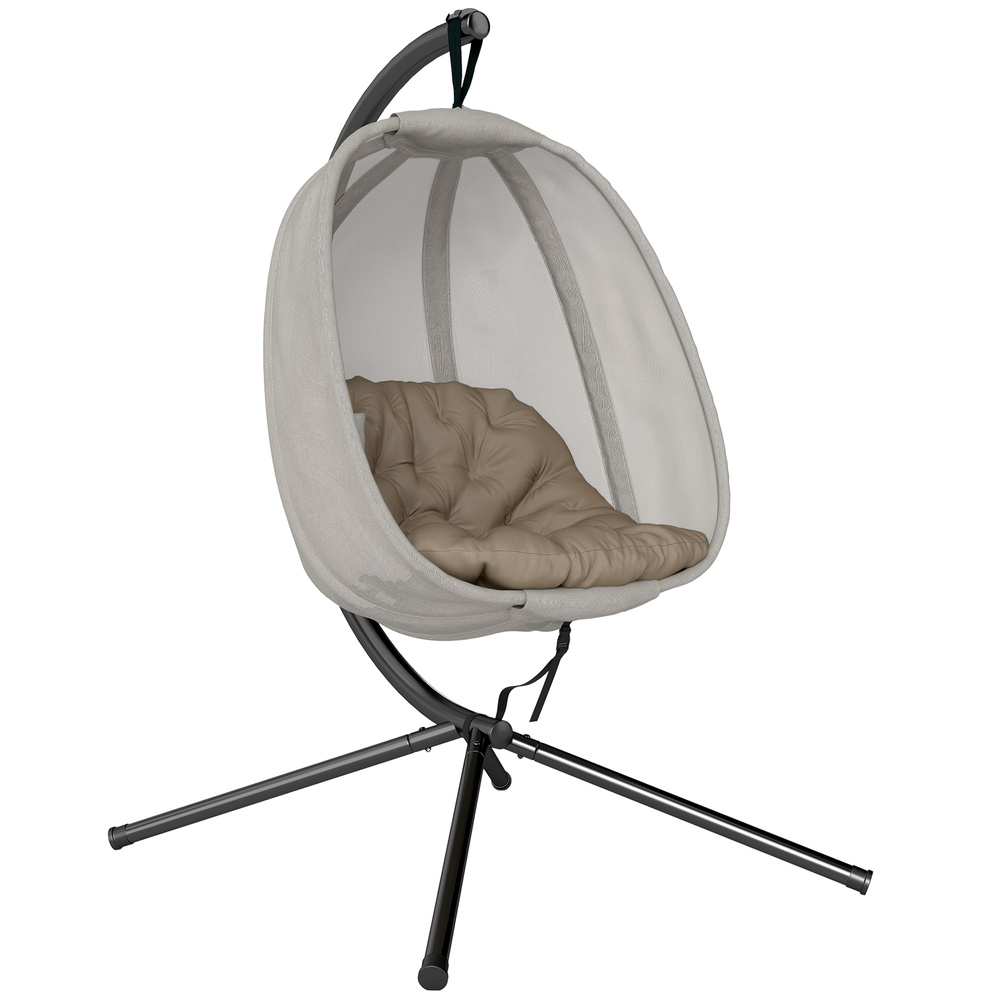Outsunny Hanging Egg Chair, Folding Texteline Swing Hammock with Side Pocket, Cushion and Stand for Indoor Outdoor, Patio Garden Furniture, Khaki