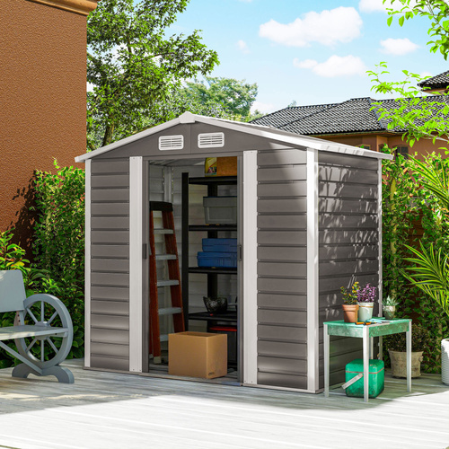 Outsunny 7 x 4ft Garden Shed, Easy to Assemble, Upgraded Galvanised Steel Frame with Foundation Kit, Double Doors with Lock, Outdoor Metal Shed with Vents and Gloves, Garden Storage Shed, Light Grey
