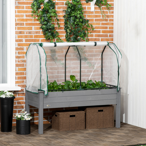 Outsunny Raised Garden Bed Outdoor Elevated Wood Planter Box w/ PE Cover, Dark Grey