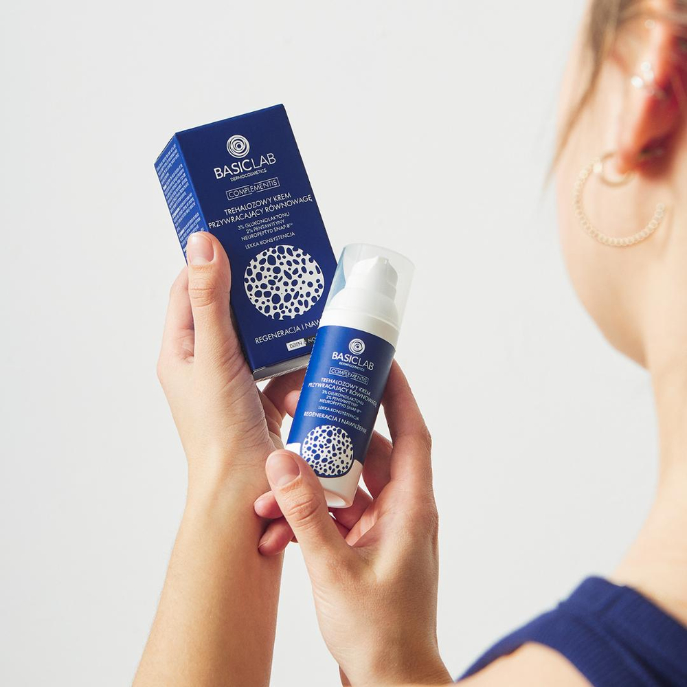BasicLab Trehalose Light Balancing Cream  3% Gluconolactone & 2% Pentavitin for Skin Regeneration & Hydration - 50ml