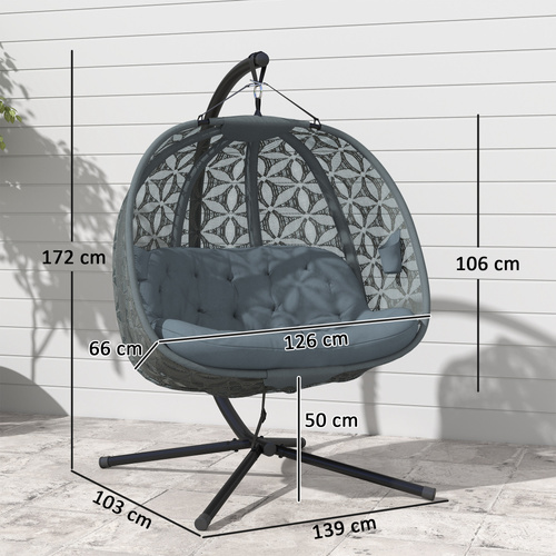 Outsunny Outdoor Double Hanging Chair with Cushion and Cup Holders, Charcoal Grey