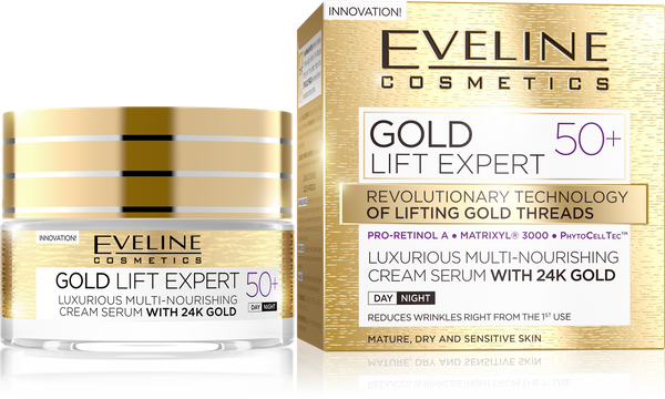 Eveline Gold Lift Expert Luksusowy Multi-Odżywczy Krem-Serum z 24k Złotem 50+ na Dzień i na Noc 50ml