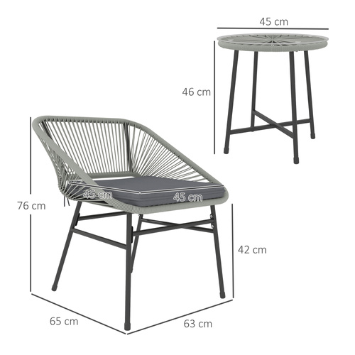 Outsunny 3 Pieces Rattan Bistro Set, Wicker Small Garden Table and Chairs Set with Cushions and Glass Top Coffee Table, Bistro Garden Furniture Set for Outdoor, Patio, Balcony, Light Grey