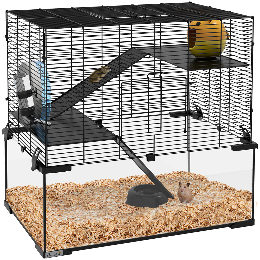 PawHut 3 Tiers Hamster Cage, Gerbil Cage with Deep Glass Bottom, Non-Slip Ramps, Platforms, Hut, Exercise Wheels, Water Bottle, Dish, for Syrian Hamster, Dwarf Hamster, 60 x 40 x 54.5cm