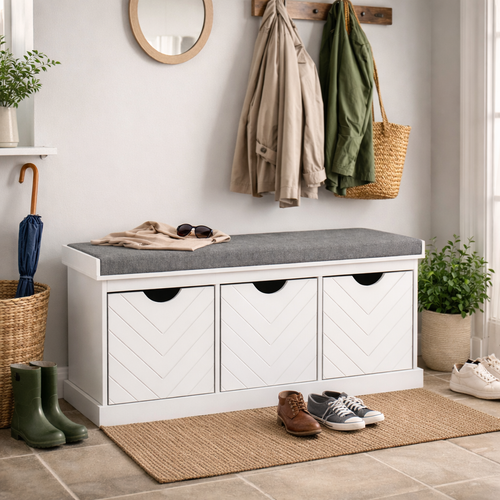 HOMCOM 3-Drawer Padded Shoe Bench with Breathable & Washable Linen-look Cover, White