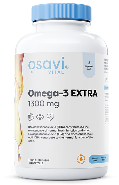 Osavi Omega-3 Extra Destylowany Molekularnie 1300mg o Smaku Cytrynowym Na Wsparcie Serca i Mózgu 180 Kapsułek