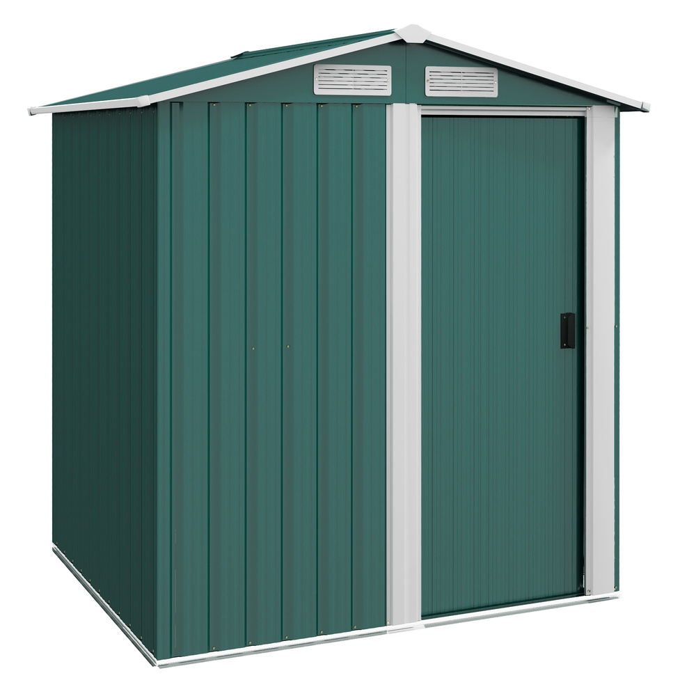 Outsunny Garden Metal Tool Storage Shed with Sliding Door, Sloped Roof and Floor Foundation, 152 x 132 x 188cm, Green