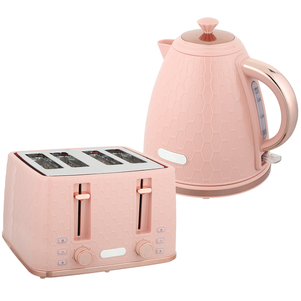 HOMCOM Kettle and Toaster Set, 1.7L 3000W Fast Boil Jug Kettle, 4 Slice Toaster with 7 Level Browning Controls, Light Pink