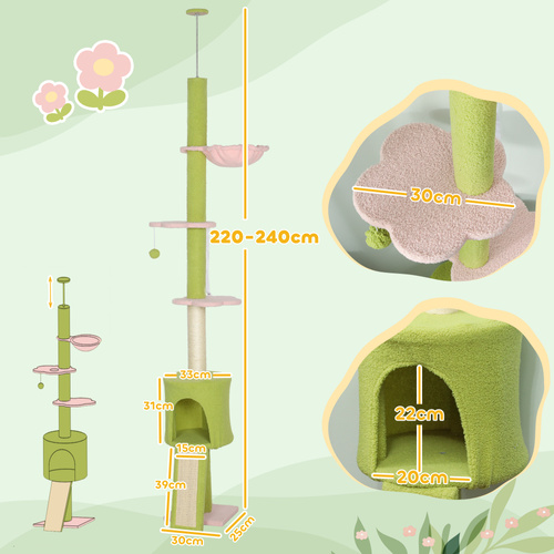 PawHut 220-240 cm Floor to Ceiling Cat Tree Adjustable Height with Hammock, Condo, Scratching Posts, Green