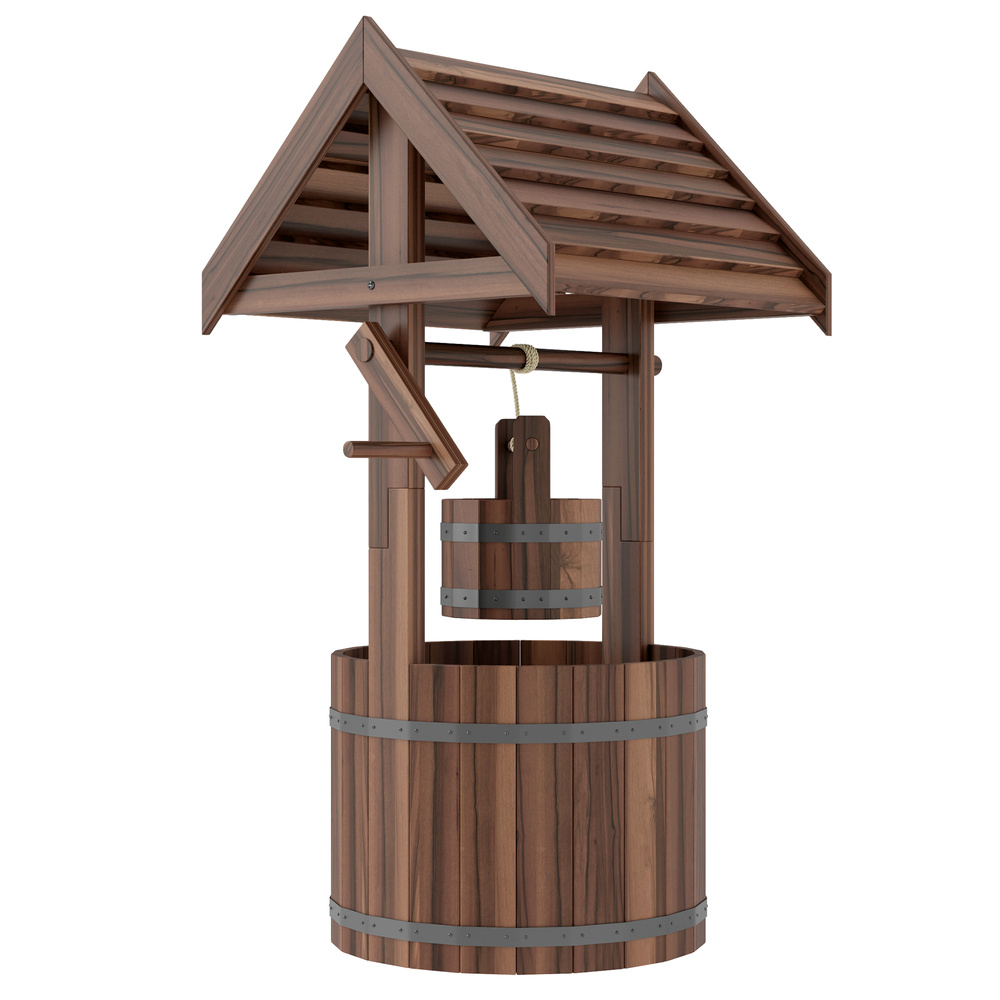 Outsunny Wood Wishing Well for Outside with Hanging Bucket, Wishing Well Planter with Drain Hole for Garden Patio, Carbonized